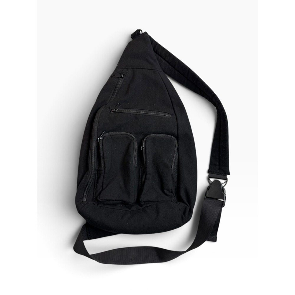 Unisex Black Canvas Sling Backpack Teardrop Crossbody Bag Utility Travel